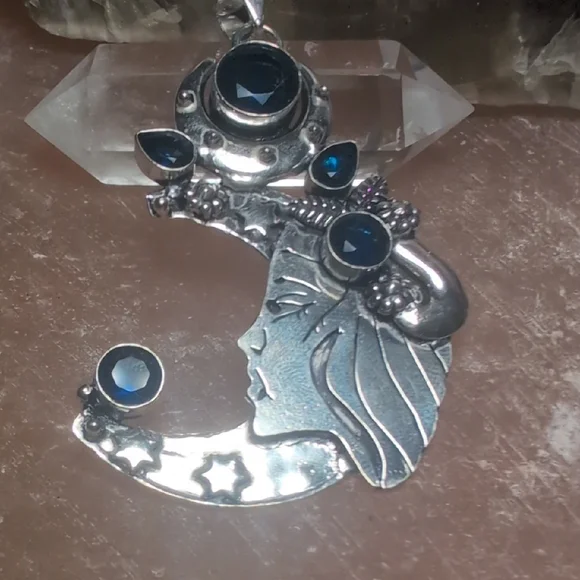 Mystical Silver Moon Pendant with Tanzanite Gemstones Accents - Picture 1 of 5